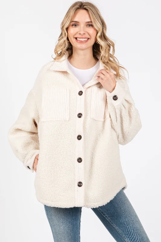 Women’s Activewear Online Beige Colorblock Fleece Shirt Jacket