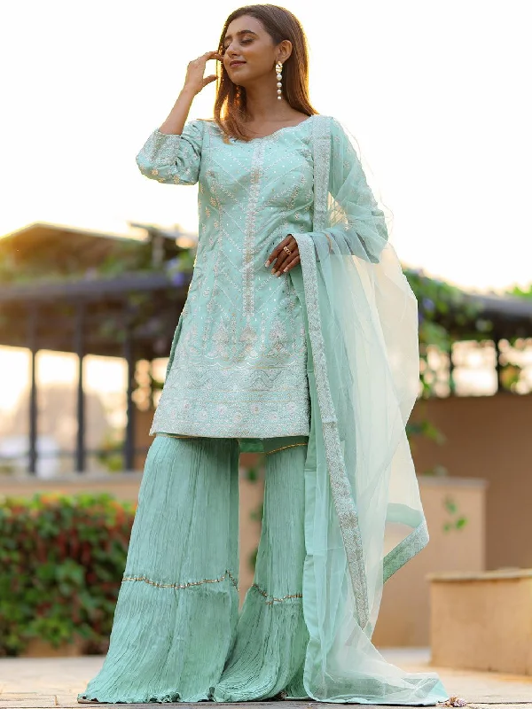 Women’s Formal Shoes Libas Art Sea Green Embroidered Silk Straight Suit Set