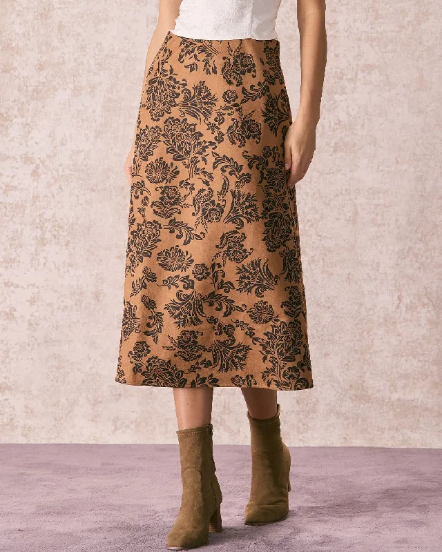 Women’s Outdoor Jackets The Brown High Waist Floral Suede Midi Skirt