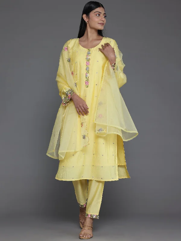 Fashionable Tops For Women Yellow Embroidered Silk Blend Straight Suit With Dupatta