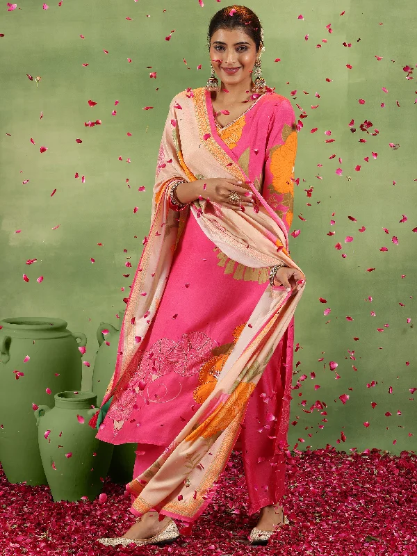 Women’s Casual Coats Pink Printed Silk Blend Straight Suit With Dupatta