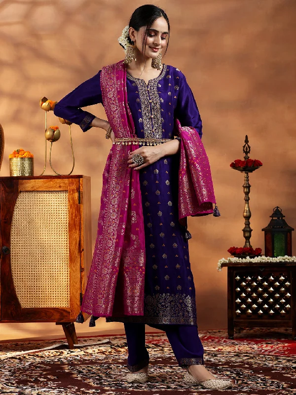 Women’s Clothing Sale Purple Woven Design Silk Blend Straight Suit With Dupatta