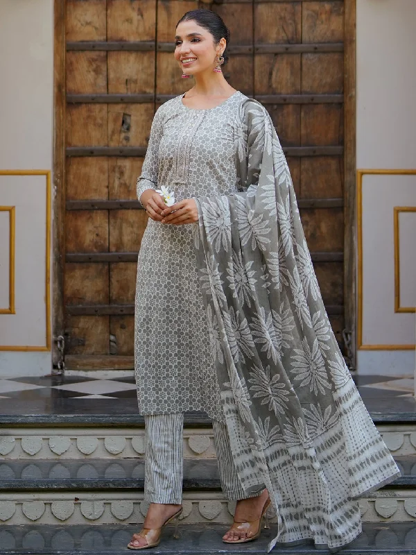 Summer Dresses For Women Grey Printed Cotton Straight Suit With Dupatta