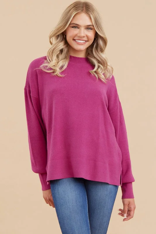 Summer Tops For Women Magenta Knit Mock Neck Long Sleeve Top