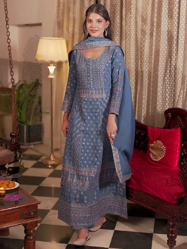 Women’s Summer Outfits Libas Art Blue Embroidered Silk Blend A-Line Kurta With Sharara & Dupatta