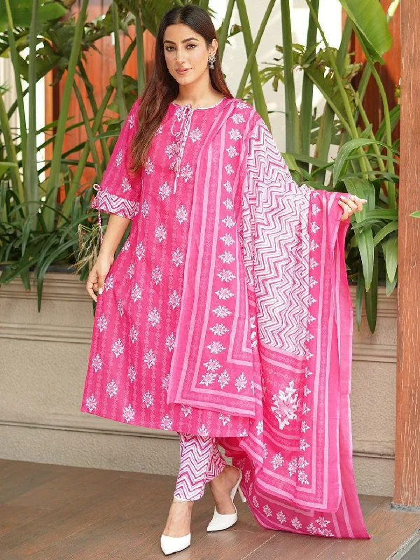 Comfortable Dresses Online Pink Printed Cotton Straight Kurta With Trousers & Dupatta