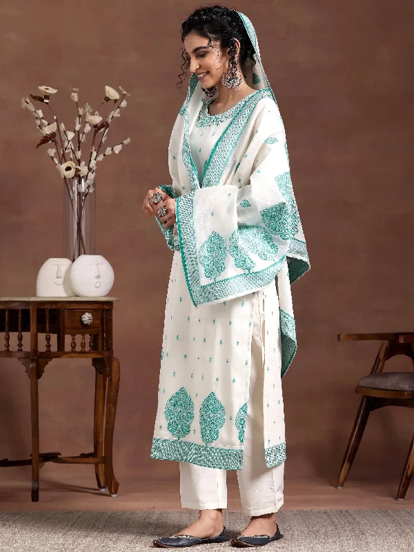 Evening Dresses For Women Off White Woven Design Chanderi Silk Straight Suit With Dupatta