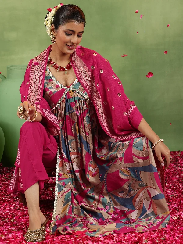 Women's Fashion Trends Pink Printed Silk Blend A-Line Kurta With Trousers & Dupatta