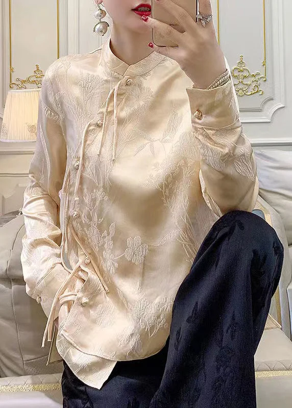 Women’s Wedding Guest Dresses Apricot Button Silk Blouse Stand Collar Long Sleeve