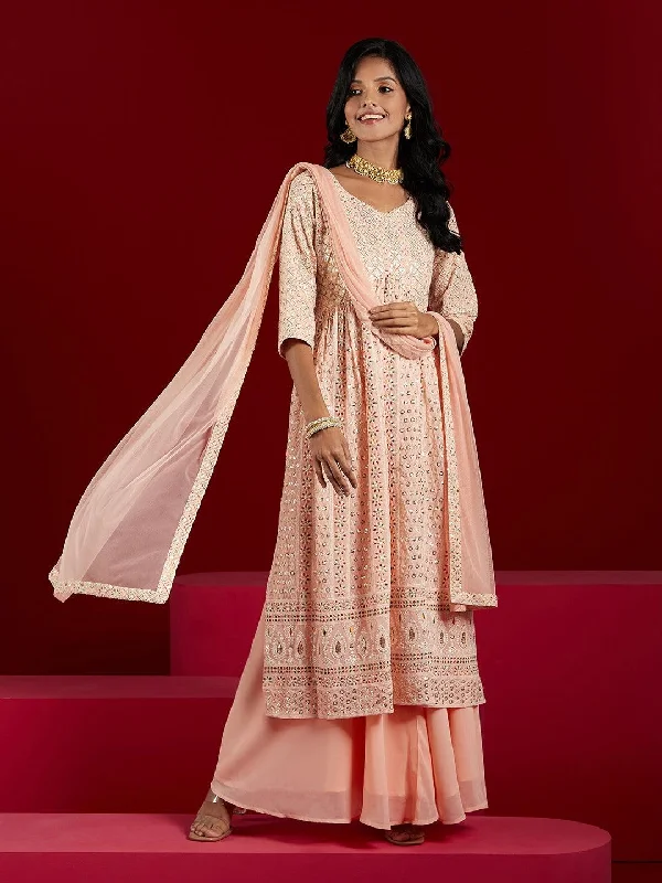 Elegant Evening Dresses Libas Art Peach Embroidered Georgette A-Line Kurta With Palazzos & Dupatta