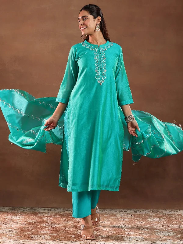 Women’s Wedding Guest Dresses Turquoise Yoke Design Chanderi Silk Straight Suit With Dupatta