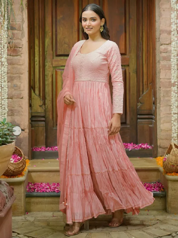 Comfortable Pants For Women Libas Art Peach Embroidered Cotton Blend A-Line Kurta With Trousers & Dupatta