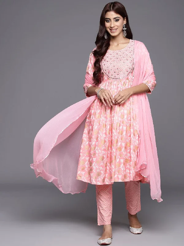 Winter Wear For Women Pink Yoke Design Rayon A-Line Kurta With Trousers & Dupatta