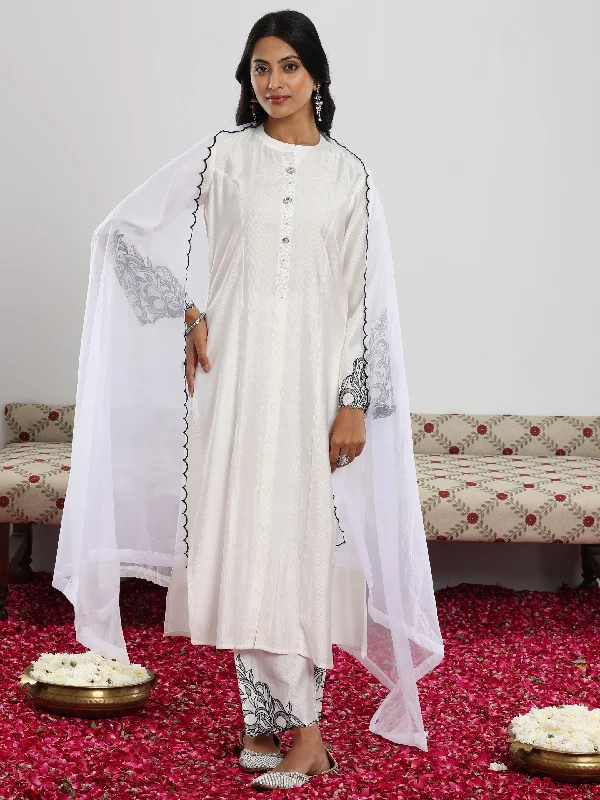 Fashionable Skirts For Women White Solid Silk Blend Straight Suit With Dupatta