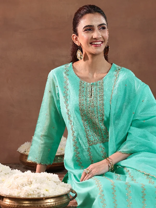 Fashionable Skirts For Women Turquoise Embroidered Chanderi Silk Straight Suit With Dupatta-color issue