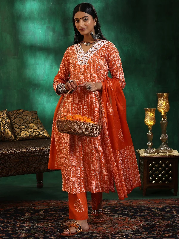 Boho Dresses For Women Orange Printed Cotton Straight Suit With Dupatta