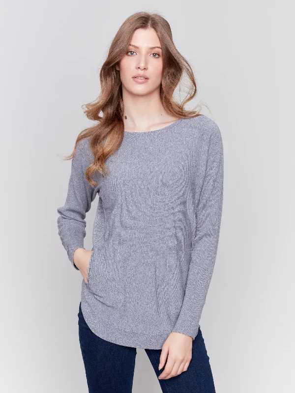 Knit Sweater with Lace-Up Cuffs - Grey