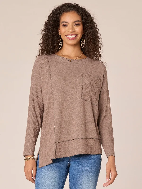 Long Sleeve Scoop Neck Asymmetrical Hem Mixed Media Knit Top