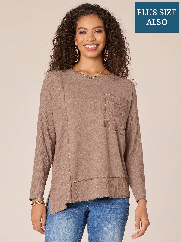 Long Sleeve Scoop Neck Asymmetrical Plus Size Knit Top with Pocket