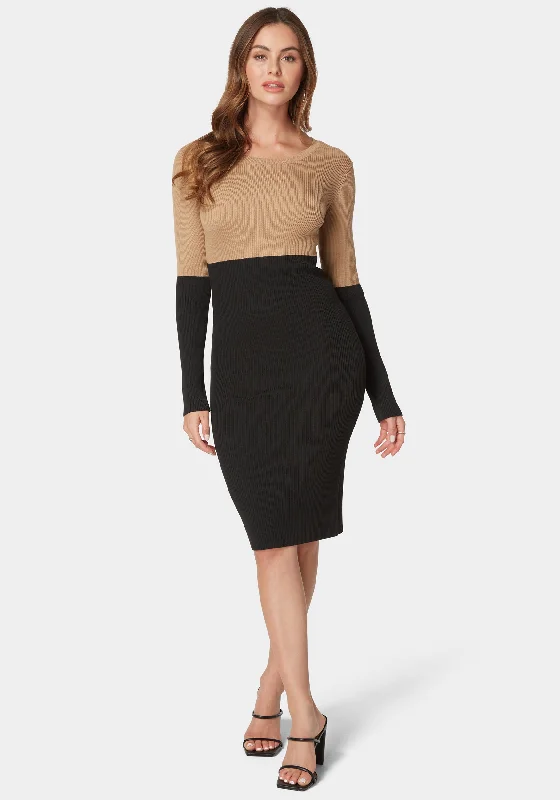 Women's Fashion Jumpsuits Midi Color Block Sweater Dress