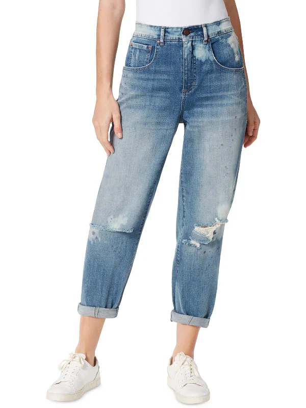 Womens Distressed Raw Hem Tapered Leg Jeans