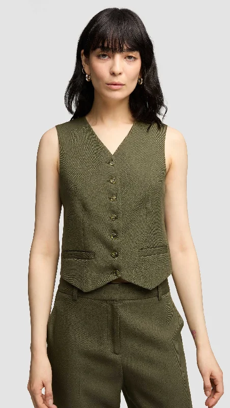 Shallow V-Neck Waistcoat in Viscose Wool Twill | Olive