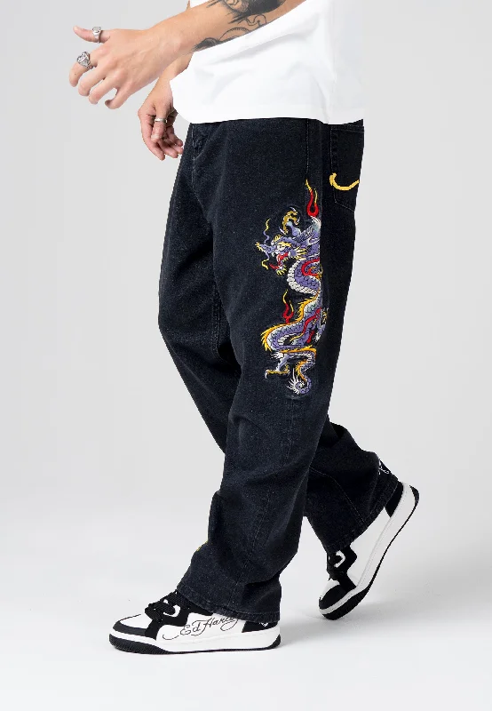 Casual Work Dresses Comfortable and simple Mens Battle-Dragon Tattoo Denim Trousers Baggy Jeans - Black