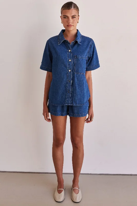 Cute Casual Outfits Short skirt design Baylee Denim Shirt (Blue)