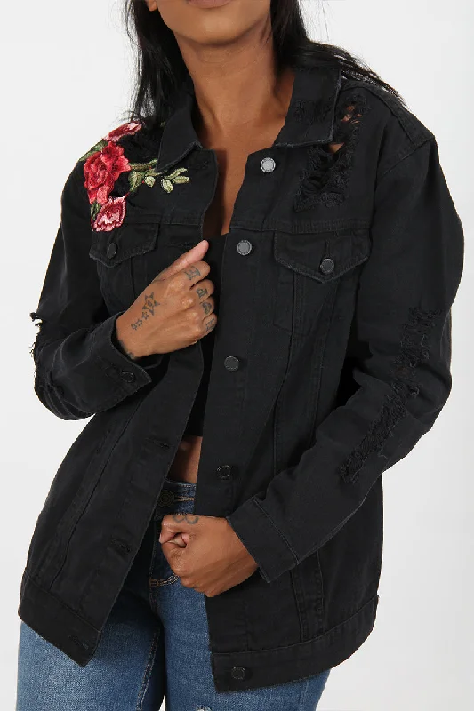 Summer Dresses For Women Luxury and fashionable Destructed Rose Patch Denim Jacket