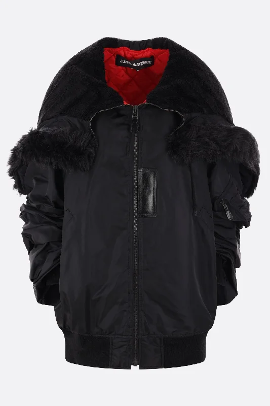 nylon and faux fur oversize bomber jacket