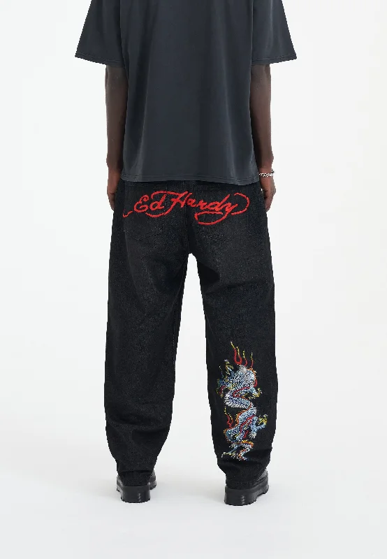 Cute Casual Outfits Hip-hop style Mens Battle-Dragon Diamante Denim Trousers Jeans - Black